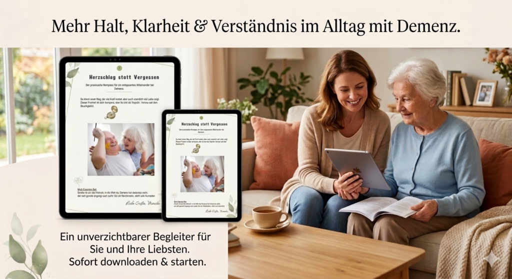 Eine Seniorin sitzt mit ihrer erwachsenen Tochter auf der Coach. Sie betrachten zusammen einen demenzratgeber auf einem Tablet.