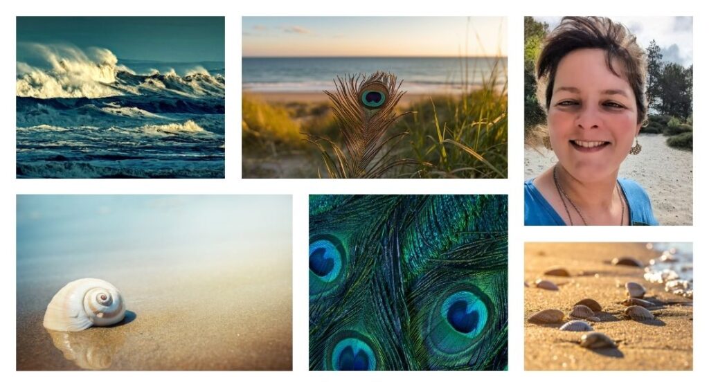 Impressionen mit Strandfeeling, Nordsee welle, Muschel am Strand, Pfauenfeder und einem Foto von mir